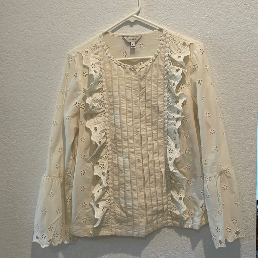 J.Crew eyelet ruffle front ruffle sleeve blouse top ivory Tall 8